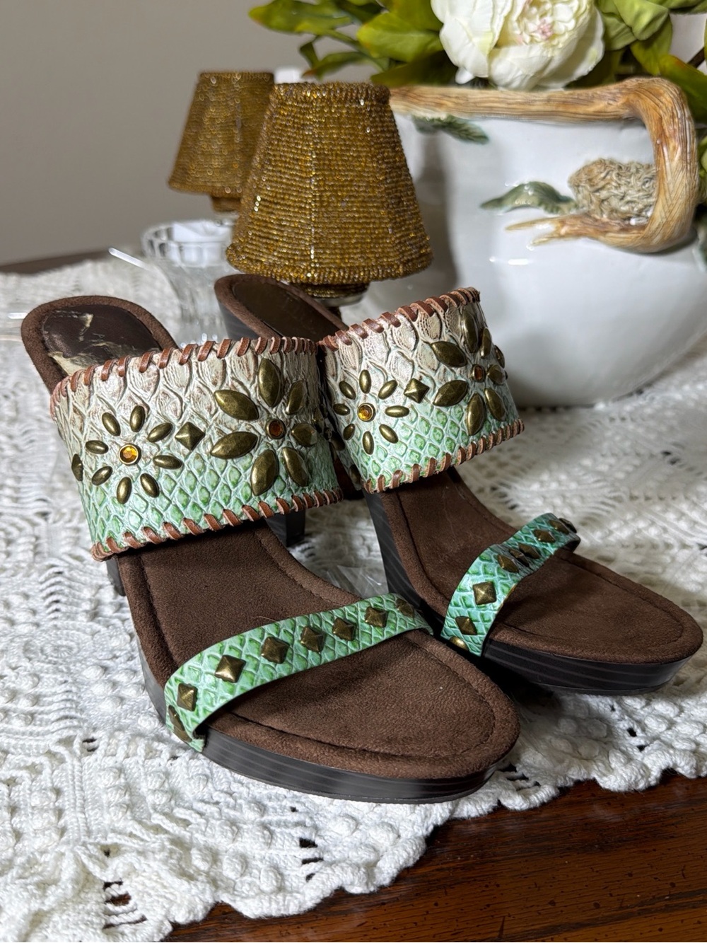 Amanda Smith Mint Green & Brown Embellished Slide Mules